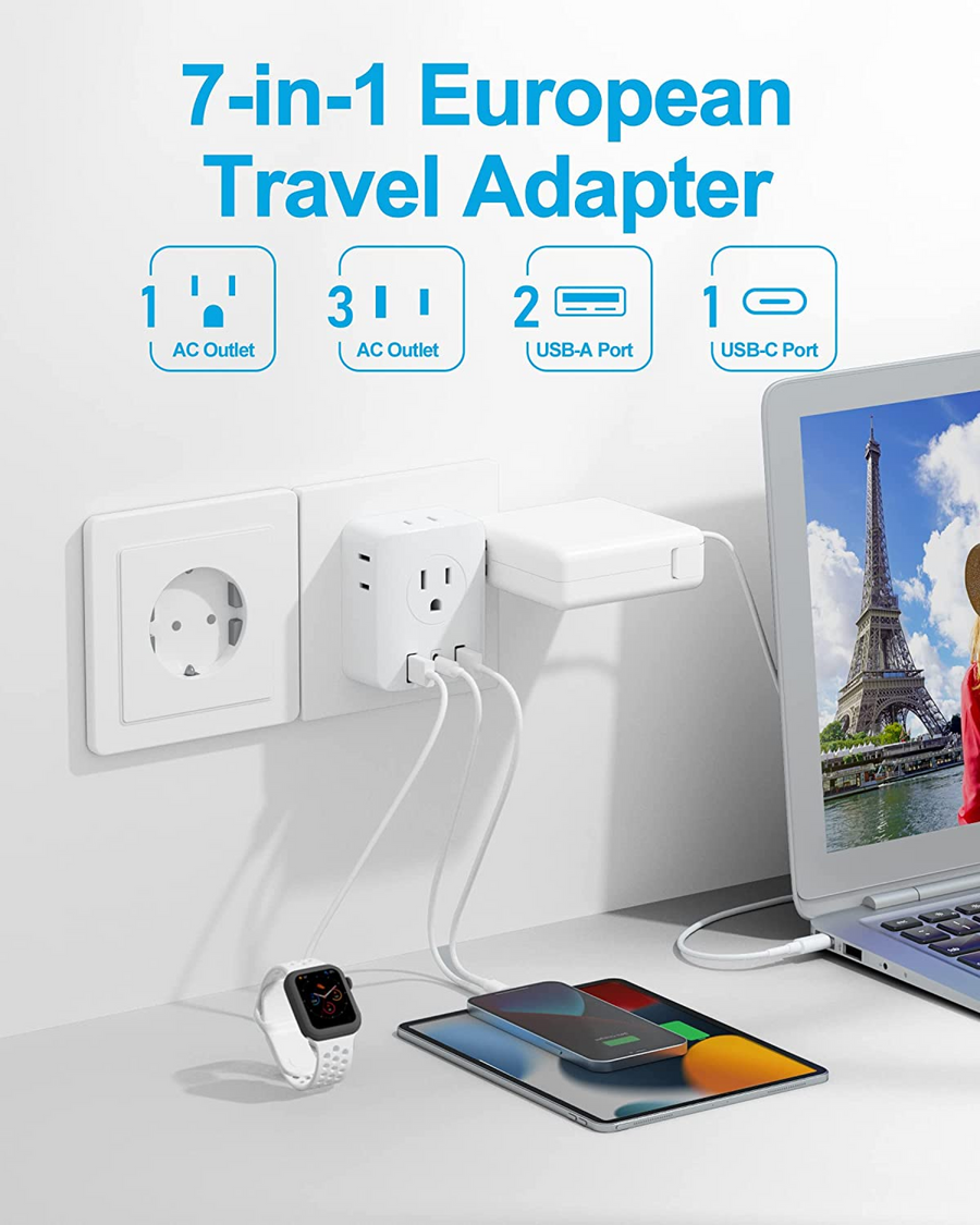 European Travel Plug Adapter | 4 Outlets & 3 USB(1 Type C)