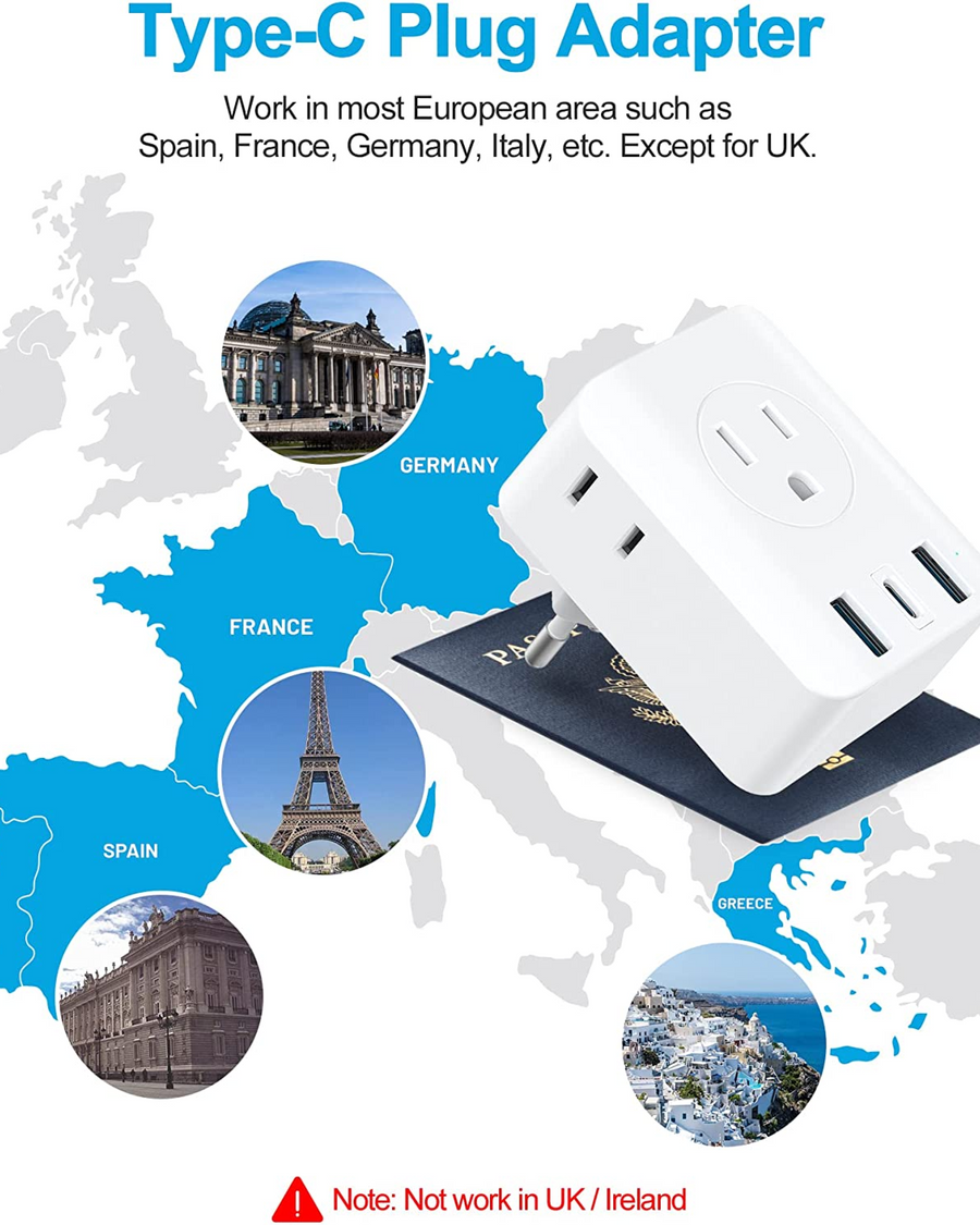 European Travel Plug Adapter | 4 Outlets & 3 USB(1 Type C)