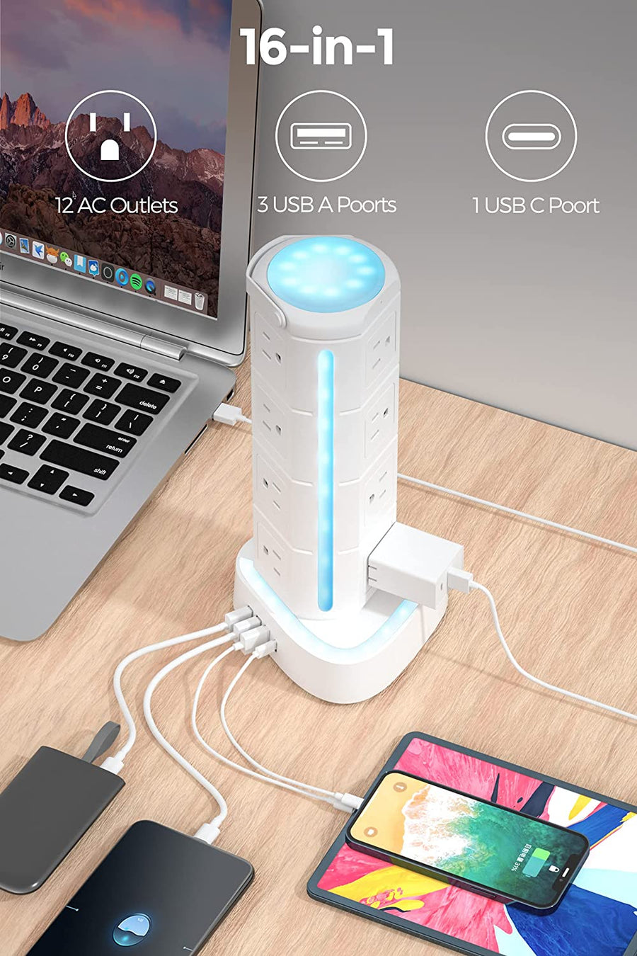 RGB Power Strip Tower | 12 Outlets & 4 USB